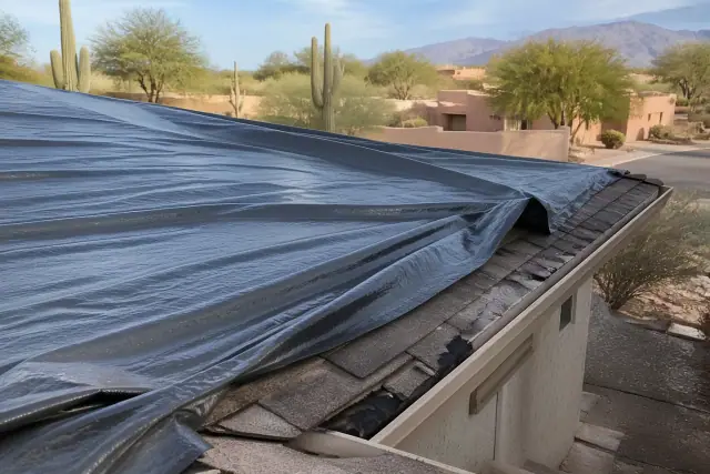 A heavy-duty tarp being secured over a damaged shingled roof during emergency repairs in Casas Adobes, AZ.