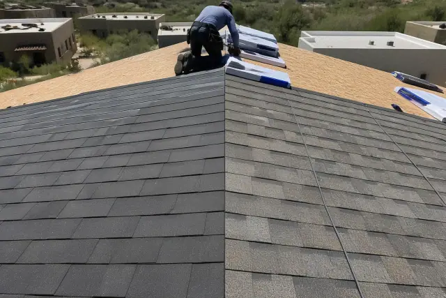 Technician installing 3-tab and architectural shingles side-by-side on a roof in Tucson, AZ.