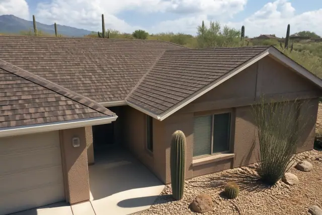 Architectural laminate shingles on a single-story home with desert landscaping in Tucson, AZ.