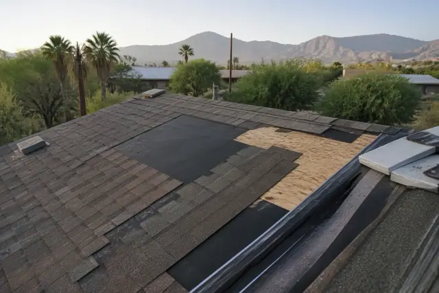 Asphalt shingle roof repair in progress with desert mountain views in Tucson, AZ.
