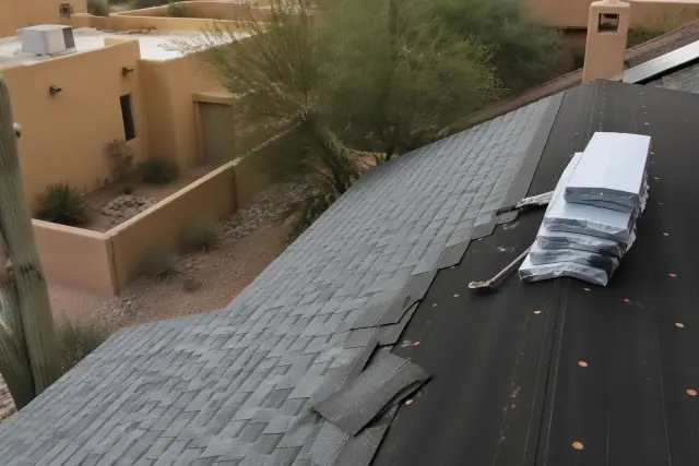 Asphalt shingle roofing installation on a residential roof in Tucson, AZ with desert landscaping in the background.