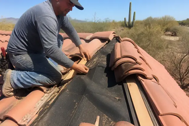 A roofer inspecting clay roof tiles and waterproof underlayment on a steep roof in Tucson, AZ.