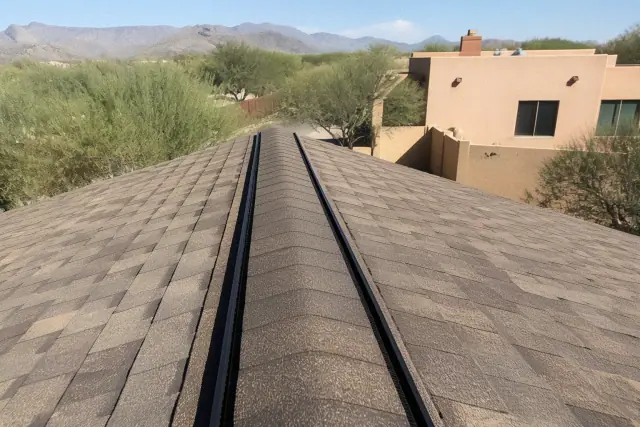 Ridge vent installed on a shingled roof of a stucco home in the Tucson, AZ desert.