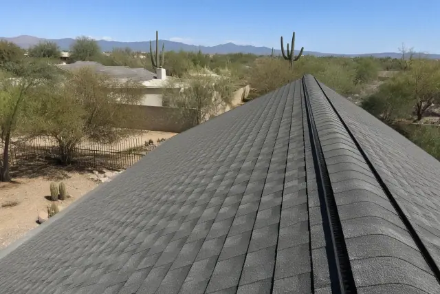 Roof ridge vents and sun exposure on shingles at a job site in Tucson, AZ, with desert landscape and saguaro cacti.