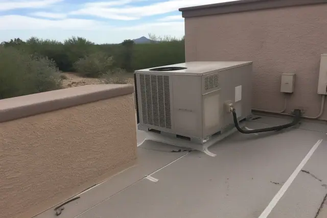 Rooftop equipment obstructing access on a shingle roof with stucco walls and desert scrubland in Tucson, AZ.