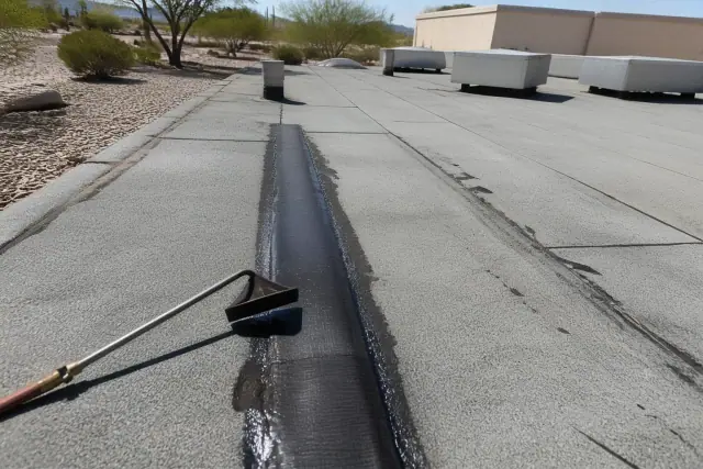 Partially patched flat roof seam with a heat-trowel on a commercial building in Tucson, AZ.