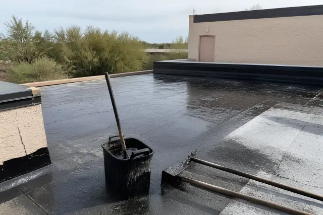 Built-up roofing installation with bitumen and asphalt tools on a commercial building rooftop in Tucson, AZ.