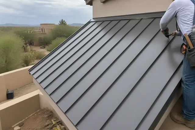 Worker installing vertical metal panels on a sloped roof at a residential job site in Tucson, AZ.