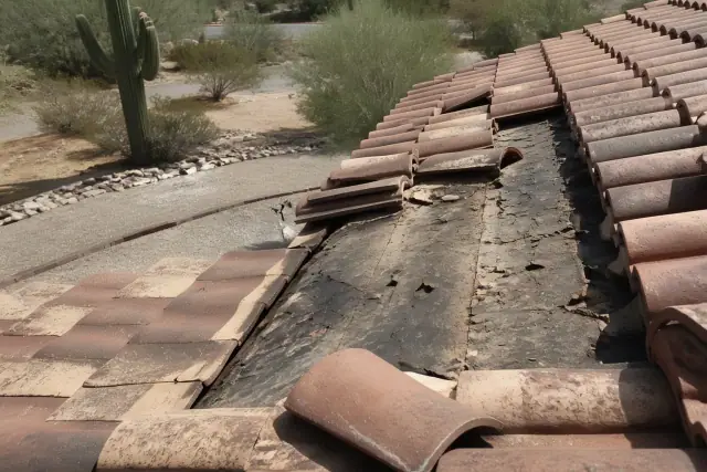 Repairing loose clay roof tiles and weathered underlayment at a worksite in Tucson, AZ.