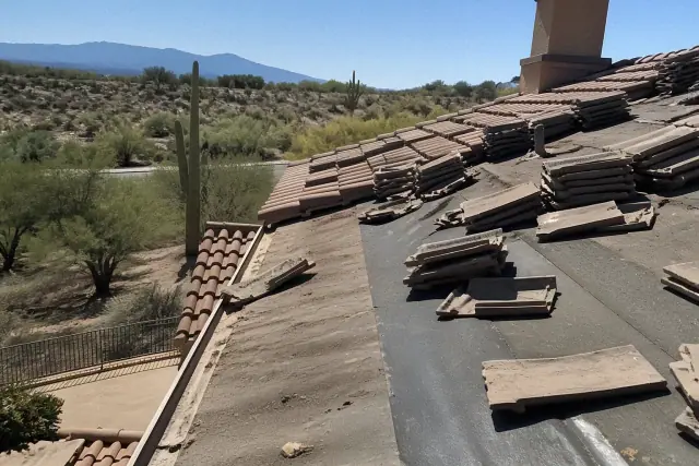 Clay and concrete tile roof replacement showing exposed underlayment with a saguaro cactus in the background in Tucson, AZ.