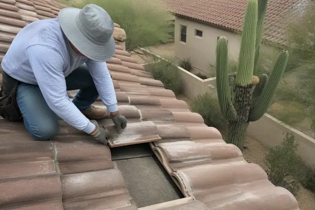Technician inspecting clay roof tiles and underlayment on a pitched home in Tucson, AZ.