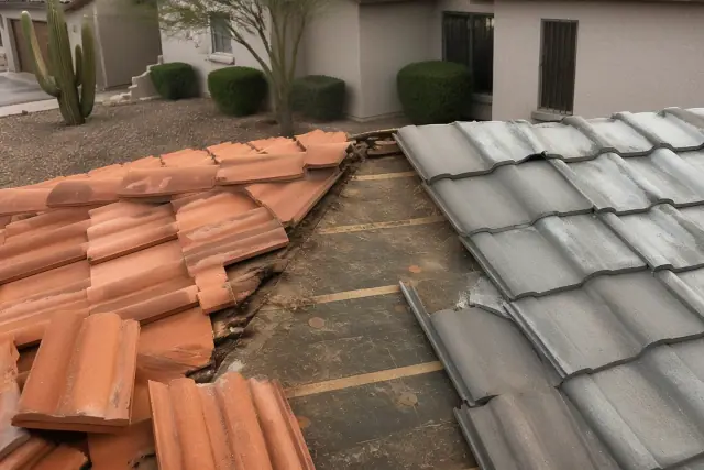 Clay and concrete roofing tiles being inspected at a residential job site in Tucson, AZ.