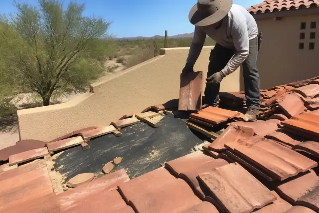 A roofer inspecting clay roof tiles and underlayment on a residential home in Tucson, AZ.