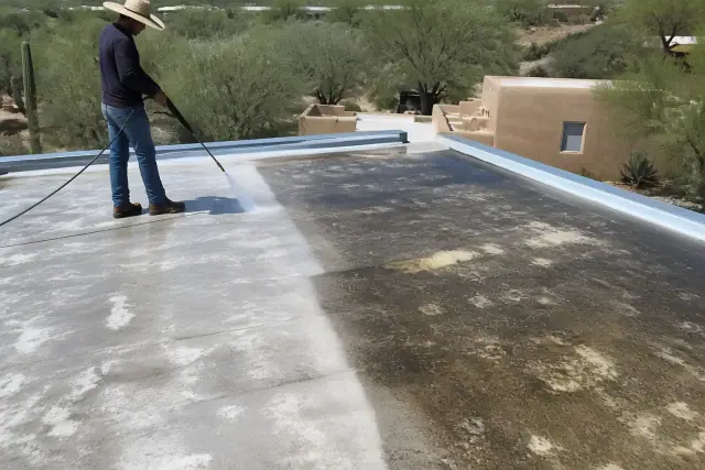A worker using a pressure washer to clean a weathered roof in Tucson, AZ, showing contrast between dirty and clean areas.