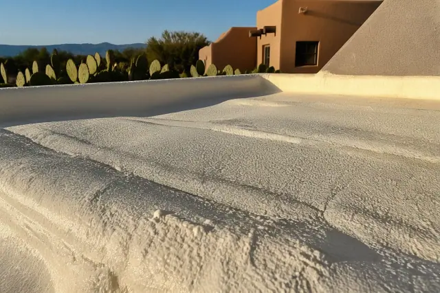Cured closed-cell polyurethane foam roofing texture on a Tucson, AZ jobsite with cacti and stucco homes in the background.