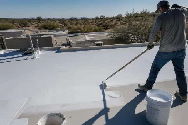 Commercial roof coating application on a building rooftop in Tucson, AZ, with buckets and roller marks visible.