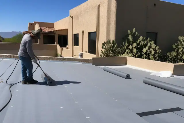 Contractor installing a heat-welded commercial roof membrane on a building in Tucson, AZ.