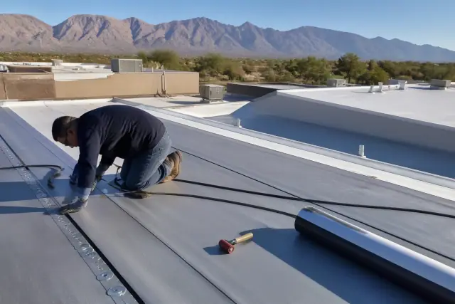 Professional installing heat-welded seams on a commercial building roof in Tanque Verde, AZ.