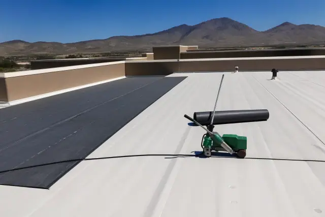 Heat-welded seams on a commercial flat roof with a mountain backdrop in Sahuarita, AZ.