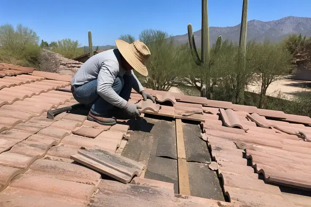 A roofer repairing clay tiles on a roof with visible underlayment and saguaro cacti in the background in Tucson, AZ.