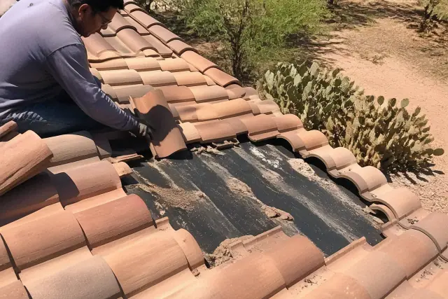 A roofer repairing clay tiles on a roof with visible underlayment and prickly pear cactus in the background, Tucson, AZ.
