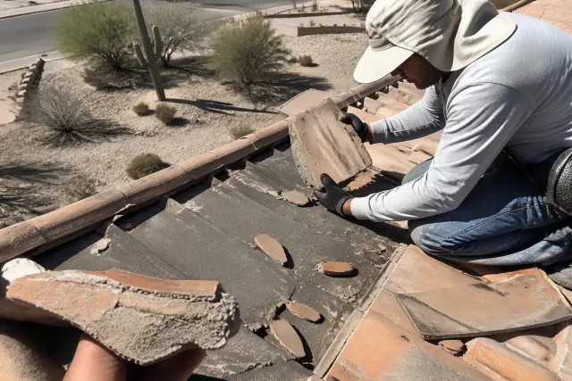 Roofer inspecting cracked and displaced clay roof tiles after a monsoon in Tucson, AZ.