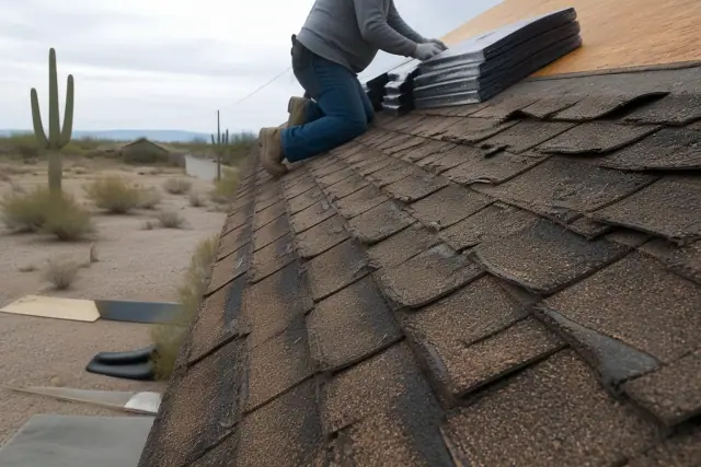 Technician kneeling on a steep roof in Tucson, AZ, repairing curled shingles with granule loss.