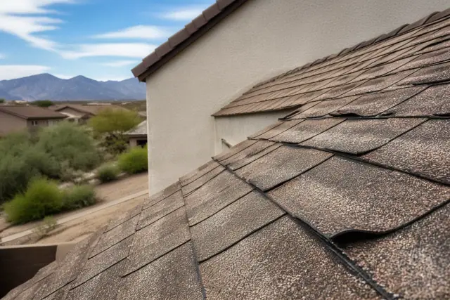 Close-up of curling asphalt roof shingles with granule loss and desert foothills in the background in Tucson, AZ.