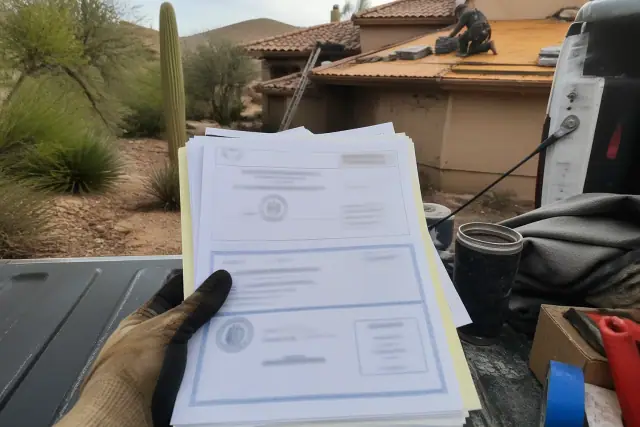 A roofing contractor holding license and insurance documents on a roof job site in Tucson, AZ.