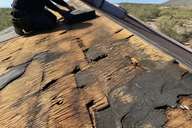 Rotten wooden decking beneath shingles on a steep roof during a repair project in Tucson, AZ.