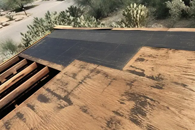 Exposed wood decking and felt underlayment during a roof repair project in Tucson, AZ.