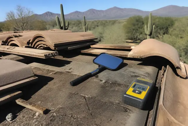 Contractor using a moisture meter to inspect roof underlayment with saguaro cacti in the background in Tucson, AZ.