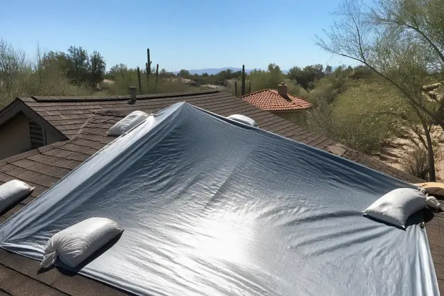 Heavy-duty tarp secured with sandbags over a damaged roof during an emergency repair in Tucson, AZ.