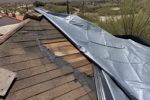 Technician applying a heavy-duty tarp over damaged shingles on a steep roof in Tucson, AZ.