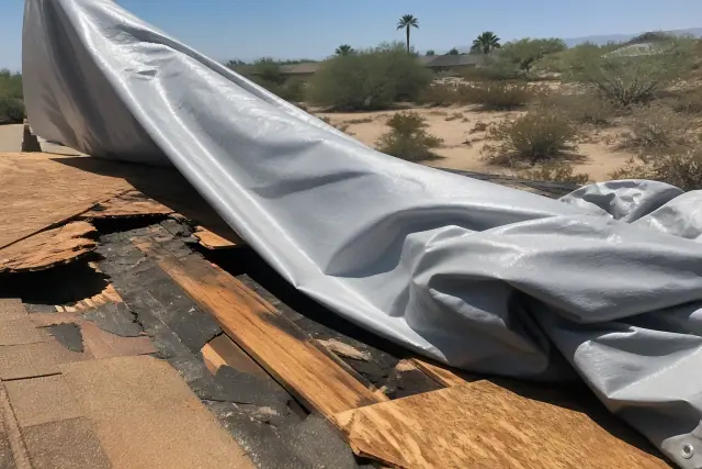 A reinforced tarp being unfurled over a damaged roof during repairs in Sahuarita, AZ.