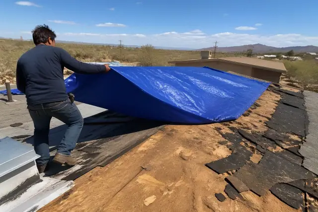 A worker unfurls a heavy-duty tarp over a damaged roof during repairs in Vail, AZ.