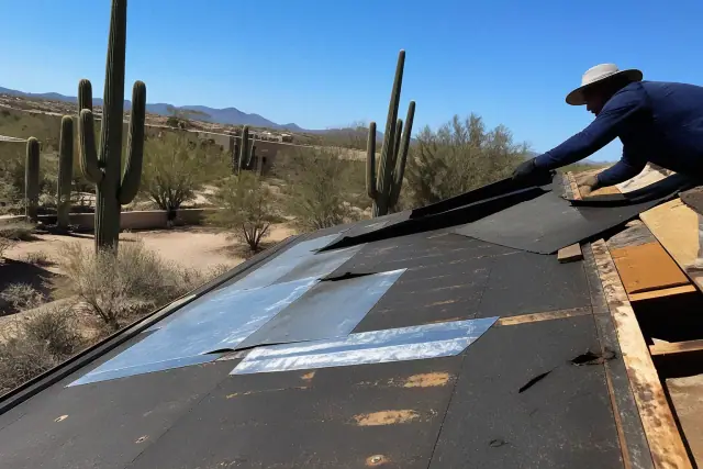 Worker repairing a roof leak with flashing patches on a desert jobsite in Tucson, AZ, with saguaro cacti in the background.