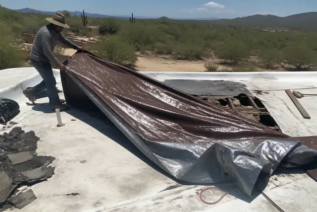 Worker covering a damaged roof with a tarp during an emergency repair in Tanque Verde, AZ.