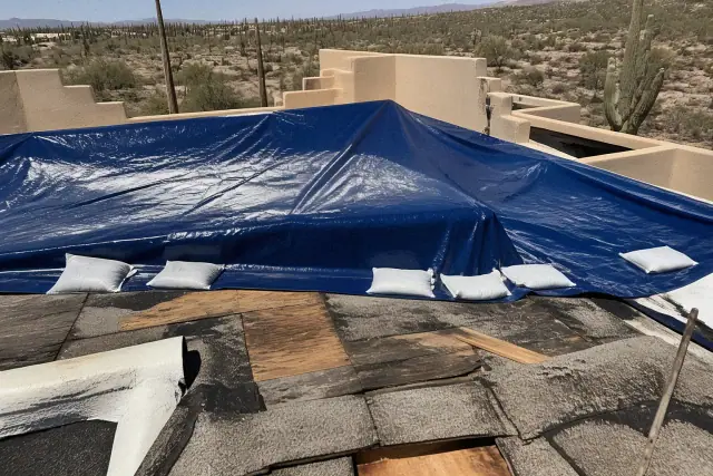 Contractor securing a heavy-duty tarp over a damaged roof in Marana, AZ with desert landscape in the background.