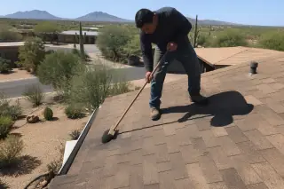 Technician sweeping debris from a shingled roof repair on a home in Tucson, AZ with desert landscape in the background.