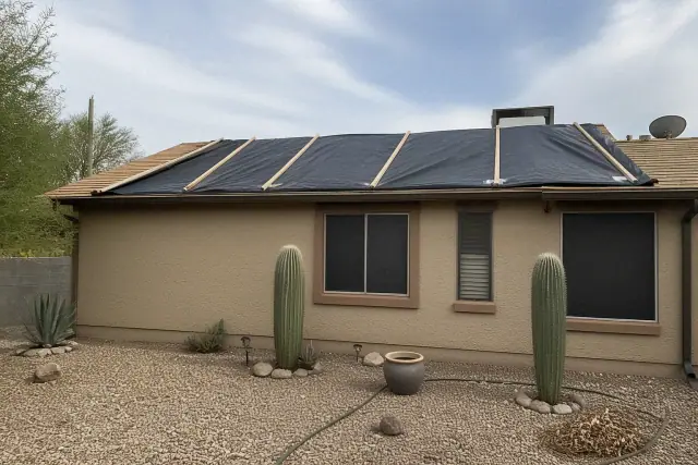 Reinforced tarp secured over a damaged residential roof in Tucson, AZ, with tan stucco walls and saguaro cacti.