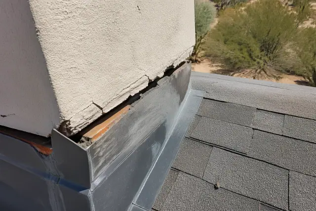Failed flashing with gaps and deteriorated material at a roof-to-wall joint on a home in Tucson, AZ.