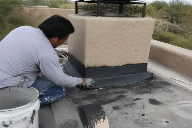 Technician applying sealant to chimney flashing on a flat roof in Tucson, AZ.