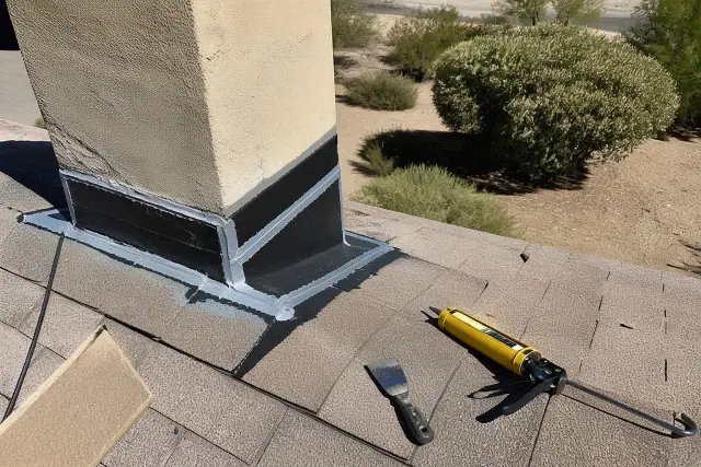 Industrial sealant applied to chimney flashing during a roof leak repair in Tucson, AZ.