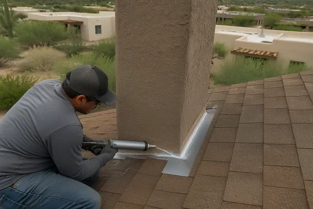 Technician applying sealant to chimney flashing on a roof in Tucson, AZ with desert landscaping in the background.
