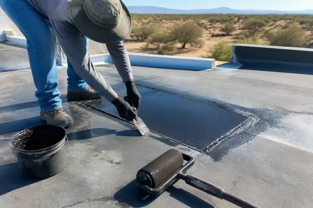 Contractor applying a bitumen patch to a flat roof in Sahuarita, AZ with a roofing roller and mastic bucket nearby.