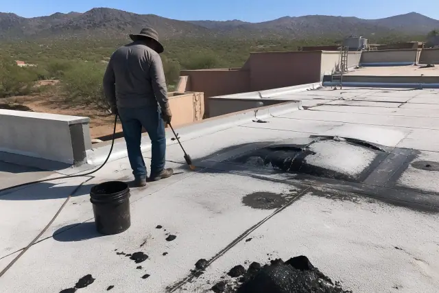 Technician applying asphalt patches to a flat roof seam with desert mountains in the background in Marana, AZ.