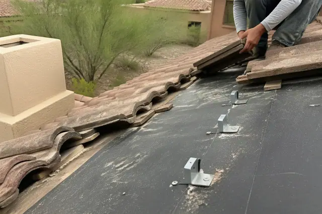 A roofer inspects floating clips and solid-deck underlayment on a Tucson, AZ residential tile roof.