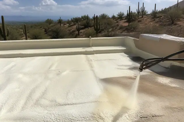 Spraying polyurethane foam insulation onto a roof at a construction site in Tucson, AZ.