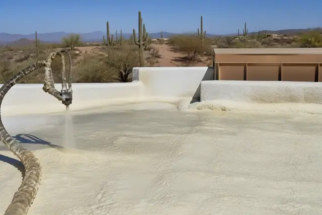 Contractor spraying polyurethane foam insulation on a commercial roof in Tucson, AZ, with a desert landscape background.